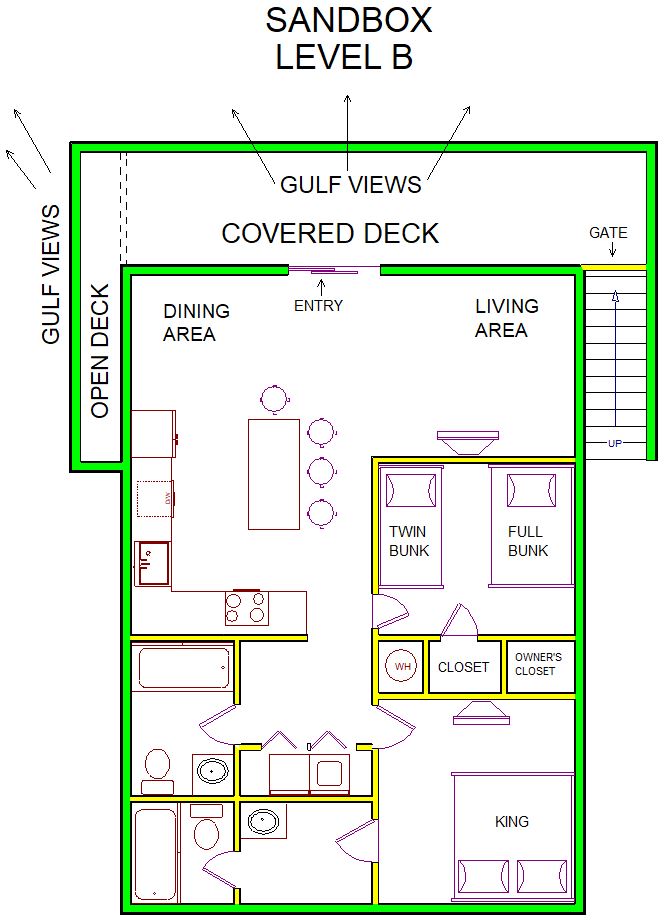 A level B layout view of Sand 'N Sea's beachfront house vacation rental in Galveston named Sandbox